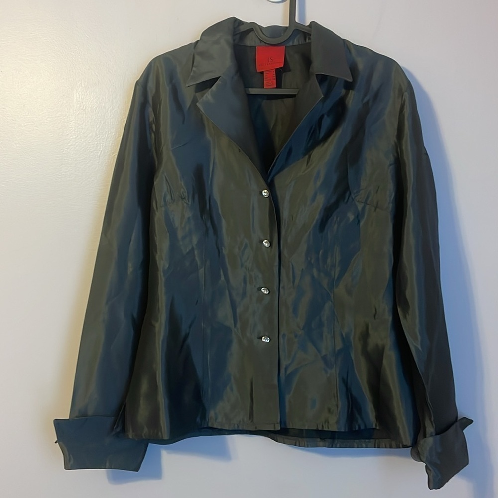 JS Collections Gray Satin Rhinestone Button Blazer Jacket or Blouse size 8